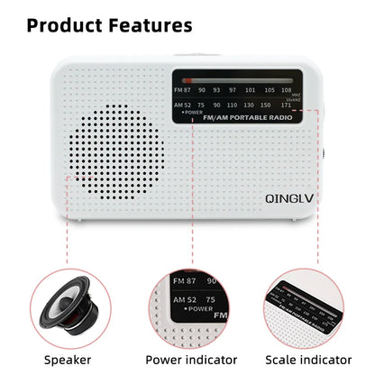 Mini FM/AM Two-Band Radio — 1W Loud Speaker with 3.5mm Headphone Jack & 180° High-Performance Antenna for Home Use
