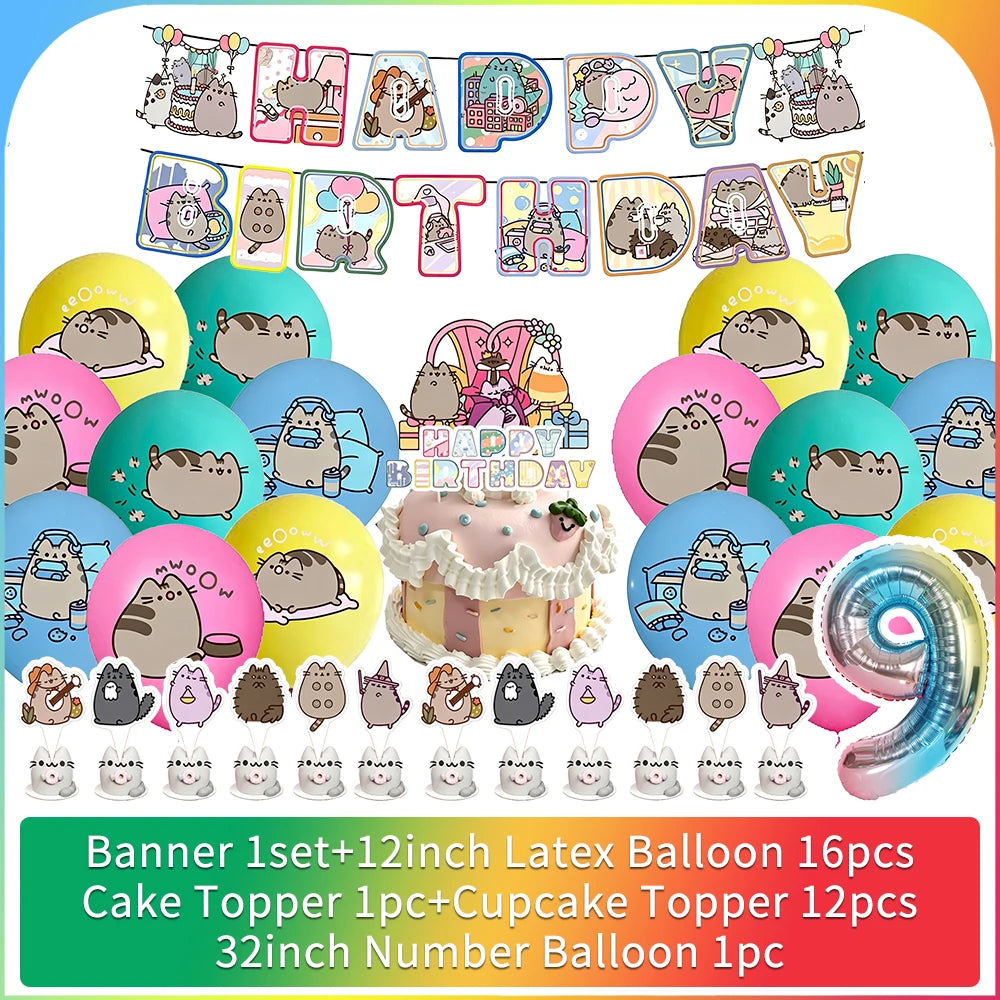 Cute Cat Birthday Party Decorations - Kawaii Balloon Set, Cake Toppers, Bunting Banner, and Party Backdrop Supplies