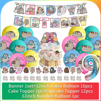 Cute Cat Birthday Party Decorations - Kawaii Balloon Set, Cake Toppers, Bunting Banner, and Party Backdrop Supplies