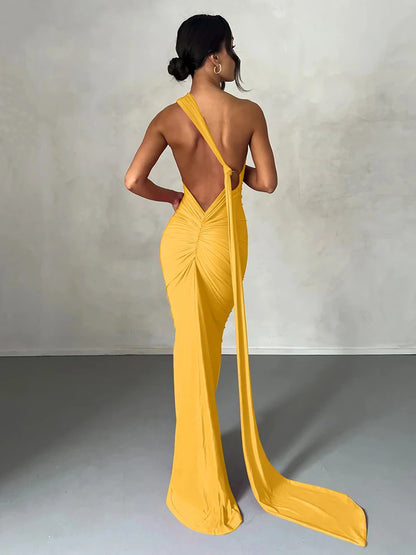 Hugcitar One Shoulder Backless Maxi Dress for Women – Adjustable Scarf Ruched Sexy Elegant Y2K Festival & Streetwear Party Outfit