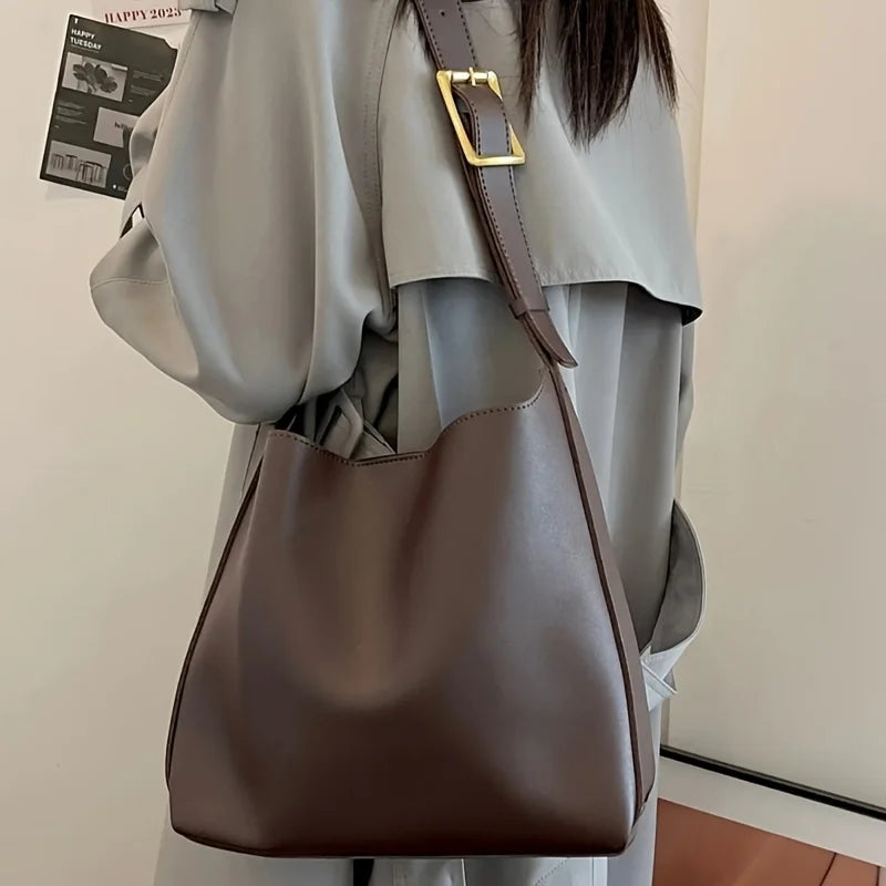 Women’s Retro Faux Leather Tote Bag – Minimalist Shoulder Bucket Handbag with PU Lining