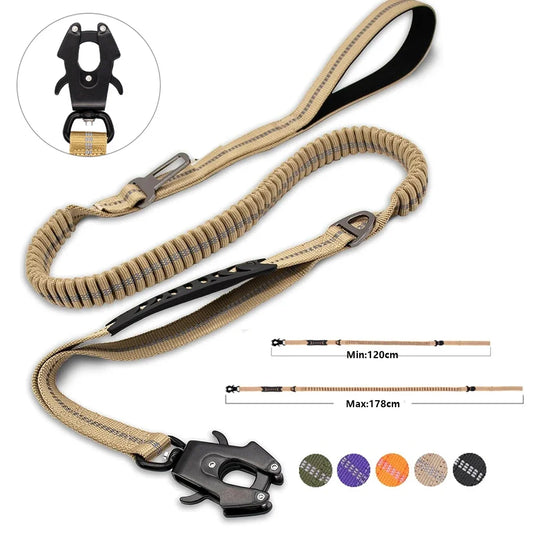 Reflective Shock-Absorbing Dog Leash – Heavy-Duty Tactical Bungee Leash with Car Seatbelt for Large Dogs, No-Pull Pet Leash