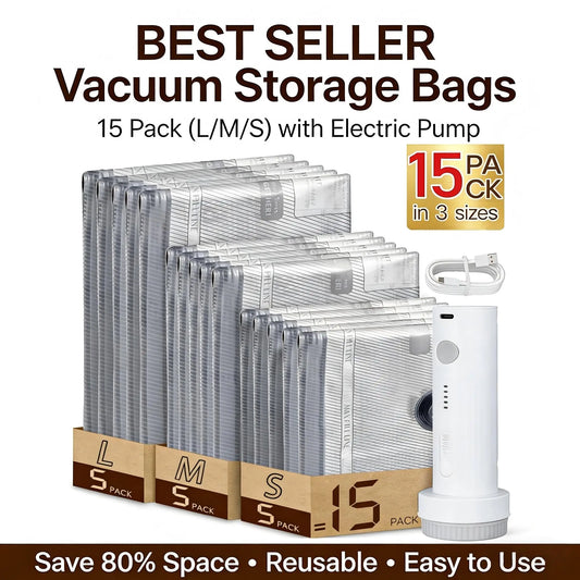 Rechargeable Air Pump Travel Vacuum Storage Bags – Space Saver Compression Bags for Luggage & Suitcases