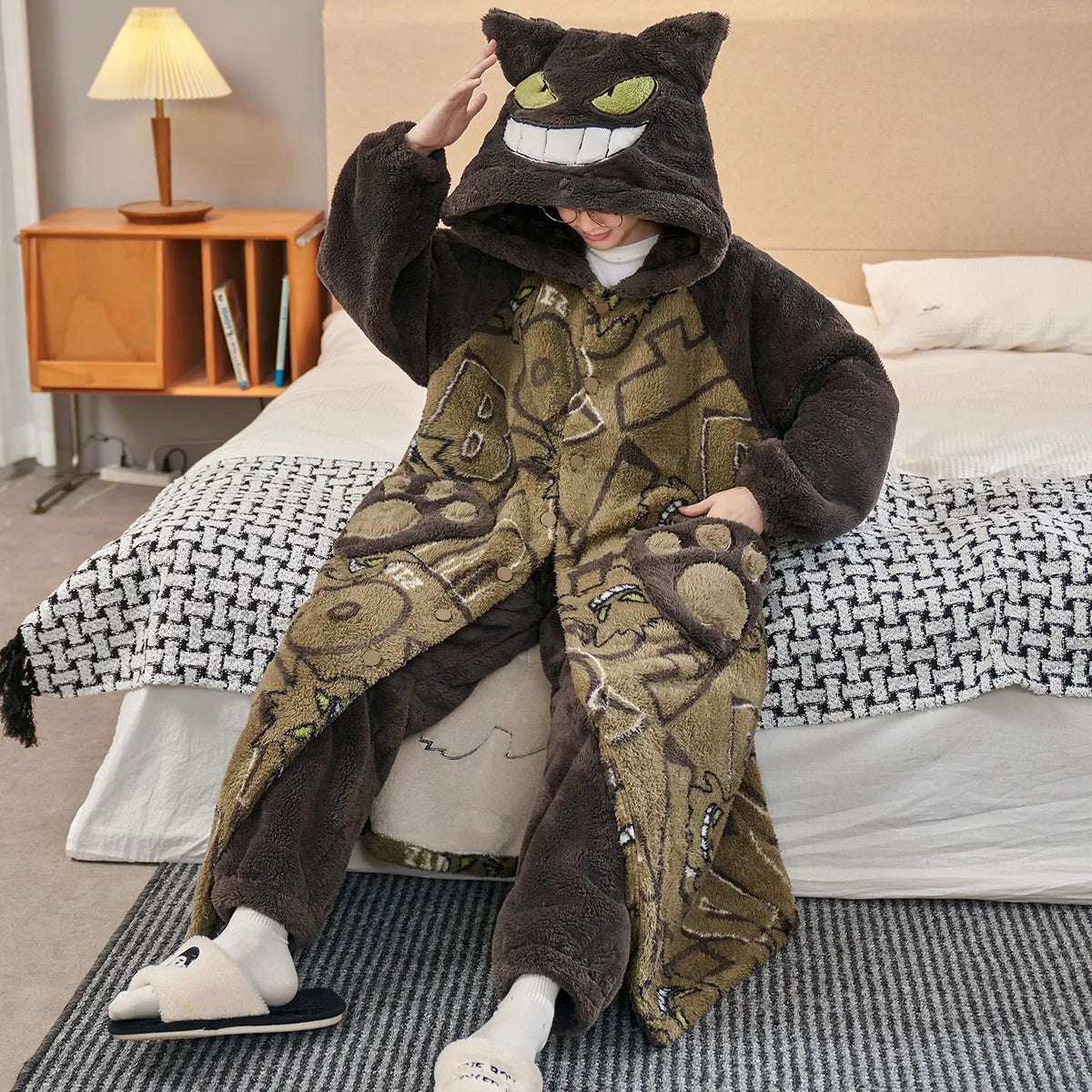 Gengar Anime Winter Hooded Robe - Thick Coral Velvet Sleepwear & Cozy Home Loungewear for Men, Large Sizes