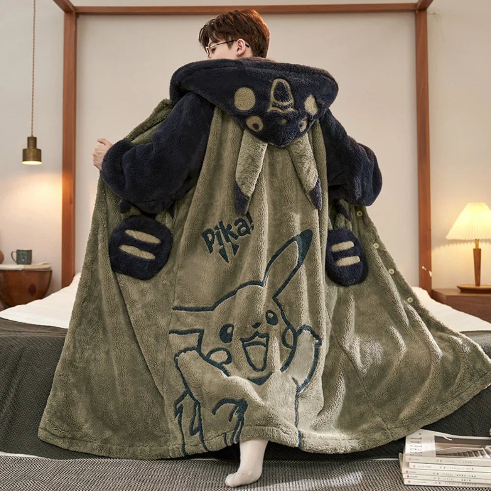 Gengar Pokemon Pajamas Set — Men’s Large Winter Coral Fleece Hooded Nightgown, Thick Warm Anime Home Suit
