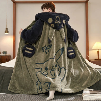 Gengar Pokemon Pajamas Set — Men’s Large Winter Coral Fleece Hooded Nightgown, Thick Warm Anime Home Suit