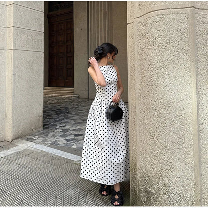 Elegant Women’s Polka Dot Maxi Dress – Chic Sleeveless Round Neck High Waist Slim Fit Vestido for Party & Street, 2025 New