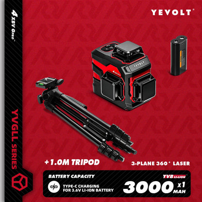 YEVOLT YVGLL4XS12 12-Line Green Laser Level – ±0.2mm/m Precision, IP54 Waterproof, Auto-Leveling with Slope Mode