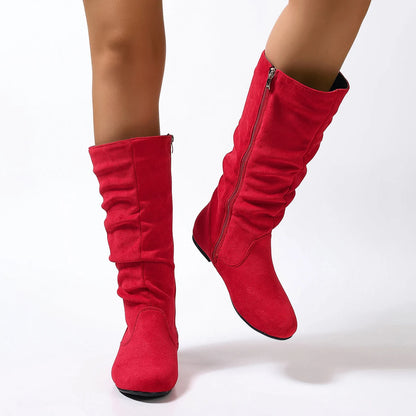 Pleated PU Women’s Fashion Boots – Casual Side-Zip Round Toe Flat High Solid Color Boots