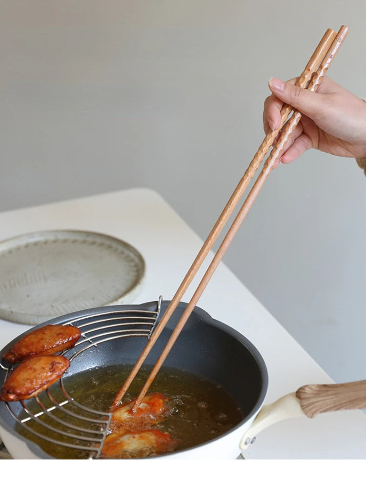 Japanese Extra Long Wooden Chopsticks – Polished Beech Wood, Anti-Slip for Fried Food & Noodles, Kitchen Cooking Tools