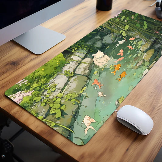 Cute Cartoon Cat Fish Mouse Pad – Large Green Anti-Slip Rubber Desk Mat, Perfect Gift for Women & Girlfriend