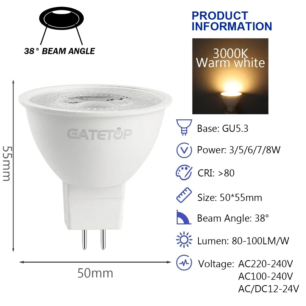 10PCS MR16 GU5.3 LED Bulb – Full Voltage AC/DC 12V–220V Spotlight, Flicker-Free White Light for Home, Study & Indoor Lighting