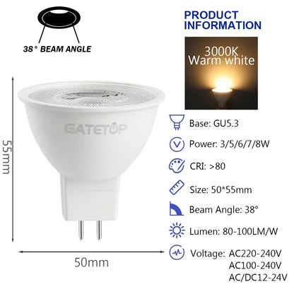 10PCS MR16 GU5.3 LED Bulb – Full Voltage AC/DC 12V–220V Spotlight, Flicker-Free White Light for Home, Study & Indoor Lighting