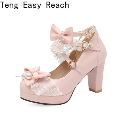 Women’s Cross Strap Mary Jane High Heels – Party, Wedding, Cosplay Lolita Pumps in White, Pink, Black, Strawberry Bow 2025