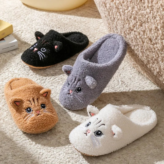 Cartoon Cat Plush Slippers - Cozy Winter Indoor House Shoes with Soft Non-Slip Warm Sole for Women