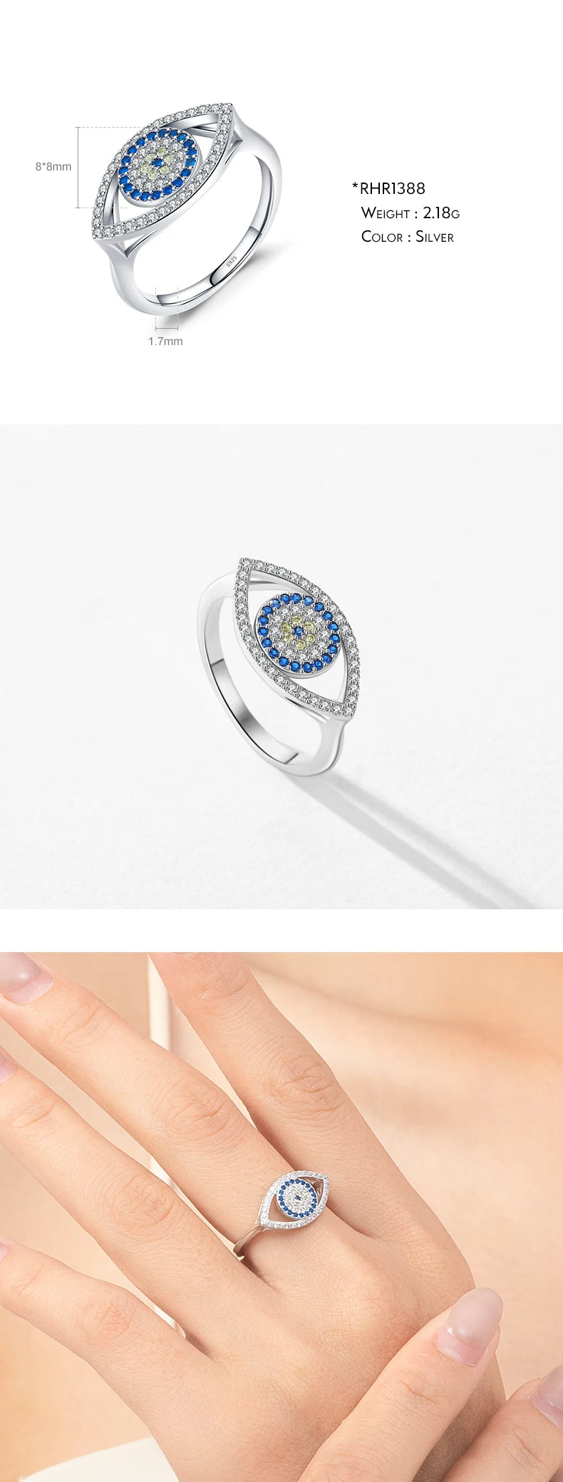 MODIAN 925 Sterling Silver Blue Ghost Eyes Ring — Sparkling Cubic Zirconia for Women