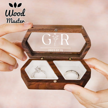 Personalized Walnut Wooden Ring Box - Custom Engraved Engagement & Wedding Ring Holder Gift for Couples, Brides & Grooms