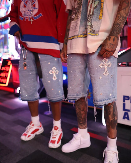 Y2K Gothic Rhinestone Denim Shorts — Diamond Cross Embroidered Hip Hop Jorts for Men & Women