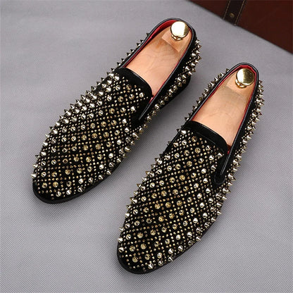 Men’s Luxury Rhinestone Loafers - Rivet Patchwork Casual Wedding, Prom and Formal Dress Shoes