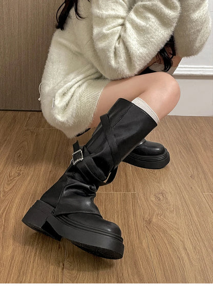 Vintage Thick Heel Women’s Knee-High Boots – Slip-On Fashion Booties for Autumn & Winter