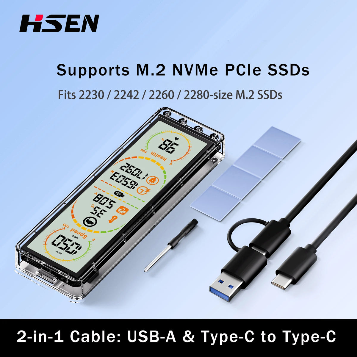10Gbps M.2 SSD Enclosure - USB 3.2 Gen2 Type-C External Case with Smart Display for NVMe & SATA Drives