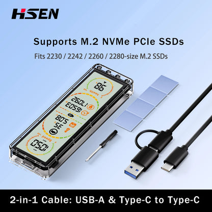 10Gbps M.2 SSD Enclosure - USB 3.2 Gen2 Type-C External Case with Smart Display for NVMe & SATA Drives
