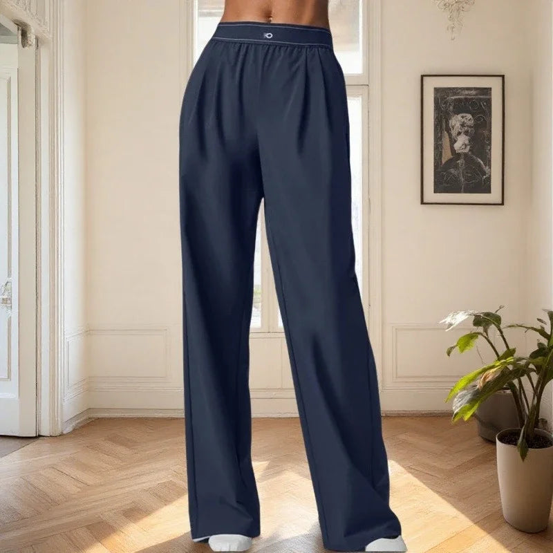 Women’s Summer High Waist Trousers & Cotton O-Neck Yoga Tank Top Set – Casual Loose Wide Leg Gym Sportswear