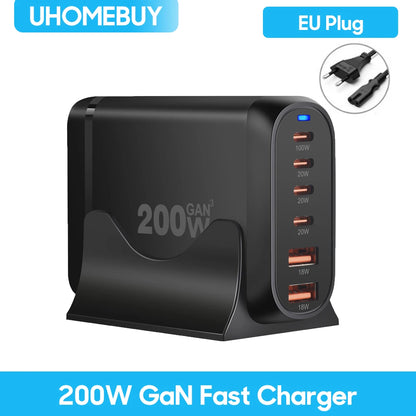 UHOMEBUY 200W GaN Desktop Charger - 6-Port USB Type C with 100W PD & Quick Charge 3.0 Fast Mobile Charger