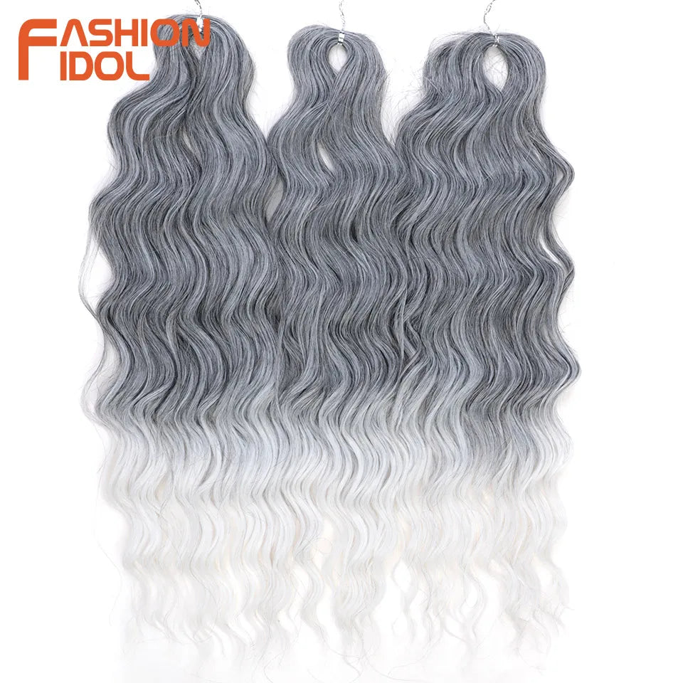 FASHION IDOL 24" Deep Wave Crochet Hair - 3-Piece Synthetic Water Wave Braiding Extensions, Ombre Rainbow Twist Hair