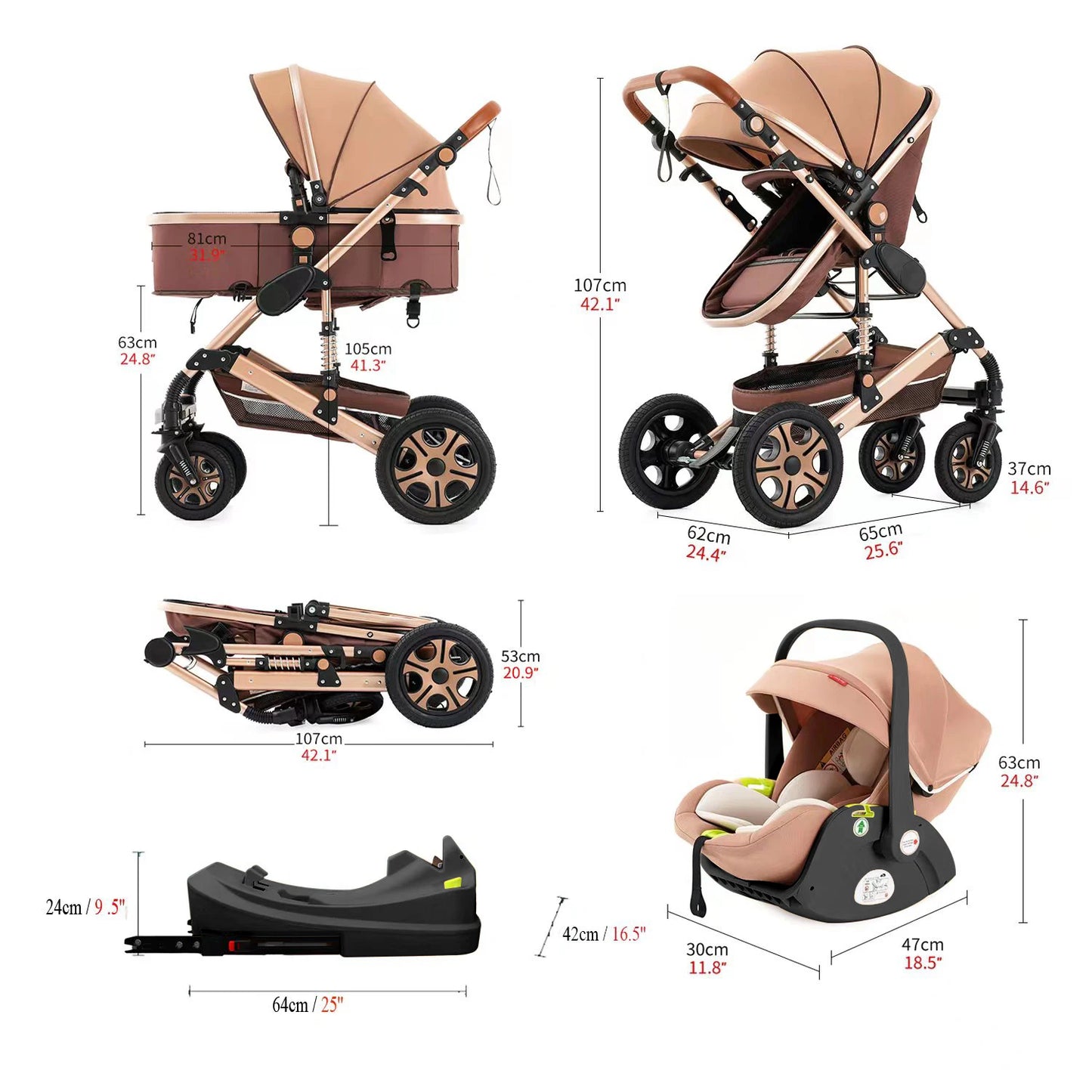 3-in-1 Baby Stroller Travel System – Foldable Newborn Pram with Isofix Base & Reversible Carriage