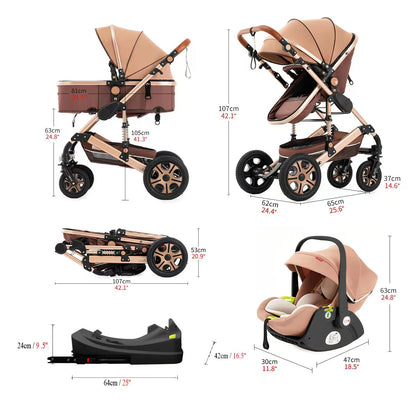 3-in-1 Baby Stroller Travel System – Foldable Newborn Pram with Isofix Base & Reversible Carriage