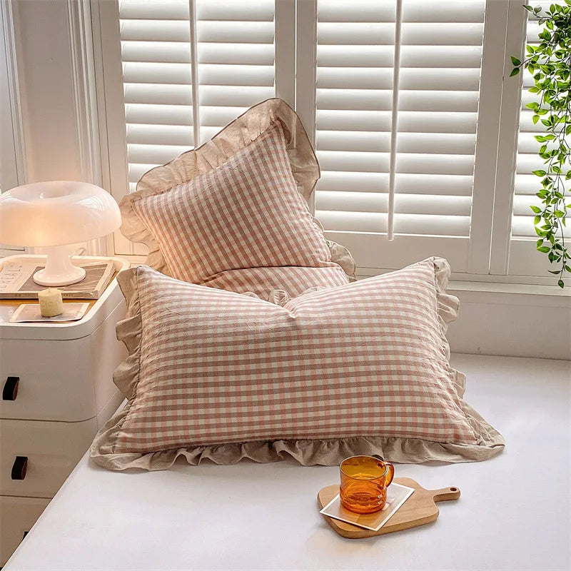 2 Pack 48x74cm Plaid Washed Cotton Pillowcases – Super Soft Ruffled Bedding Covers for Home & Dorm Decor