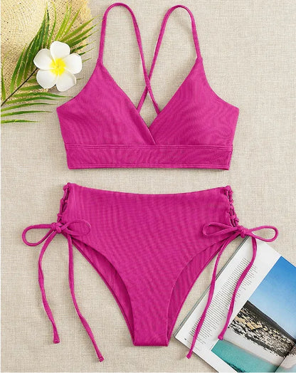 Cikini V-Neck Split Bikini Set – Sexy Lace-Up Triangular Solid Color Swimwear for Women