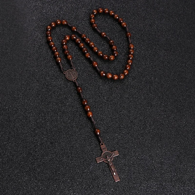 8mm Wooden Beads Rosary Necklace – Jesus Christ Cross Pendant, Woven Rope Chain Religious Prayer Jewelry for Men & Women