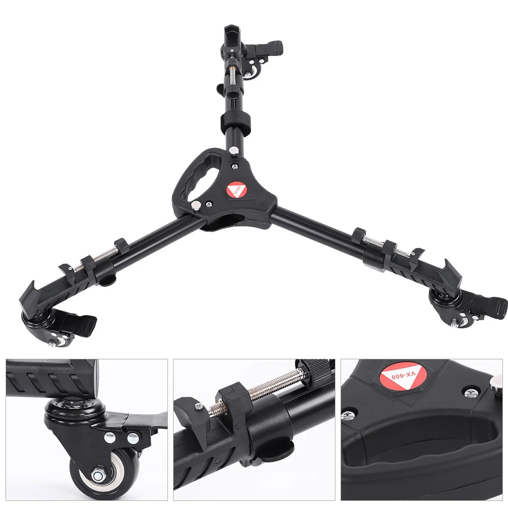 VX-600 Foldable Camera Tripod Dolly – 3 Wheels Stand with Pulley Base, Universal Tripod for Easy Camera Movement