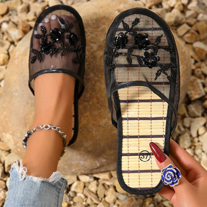 Women’s Embroidered Sequin Flower Mules - Breathable Mesh Closed-Toe Soft Sole Summer Sandals