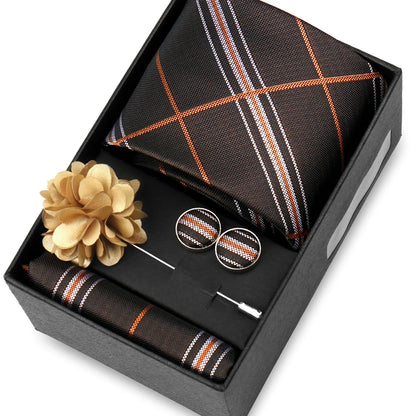 Elegant Men’s Necktie Gift Set - Fashion Tie with Handkerchief, Cufflinks & Brooch Pin Accessories for Business & Wedding