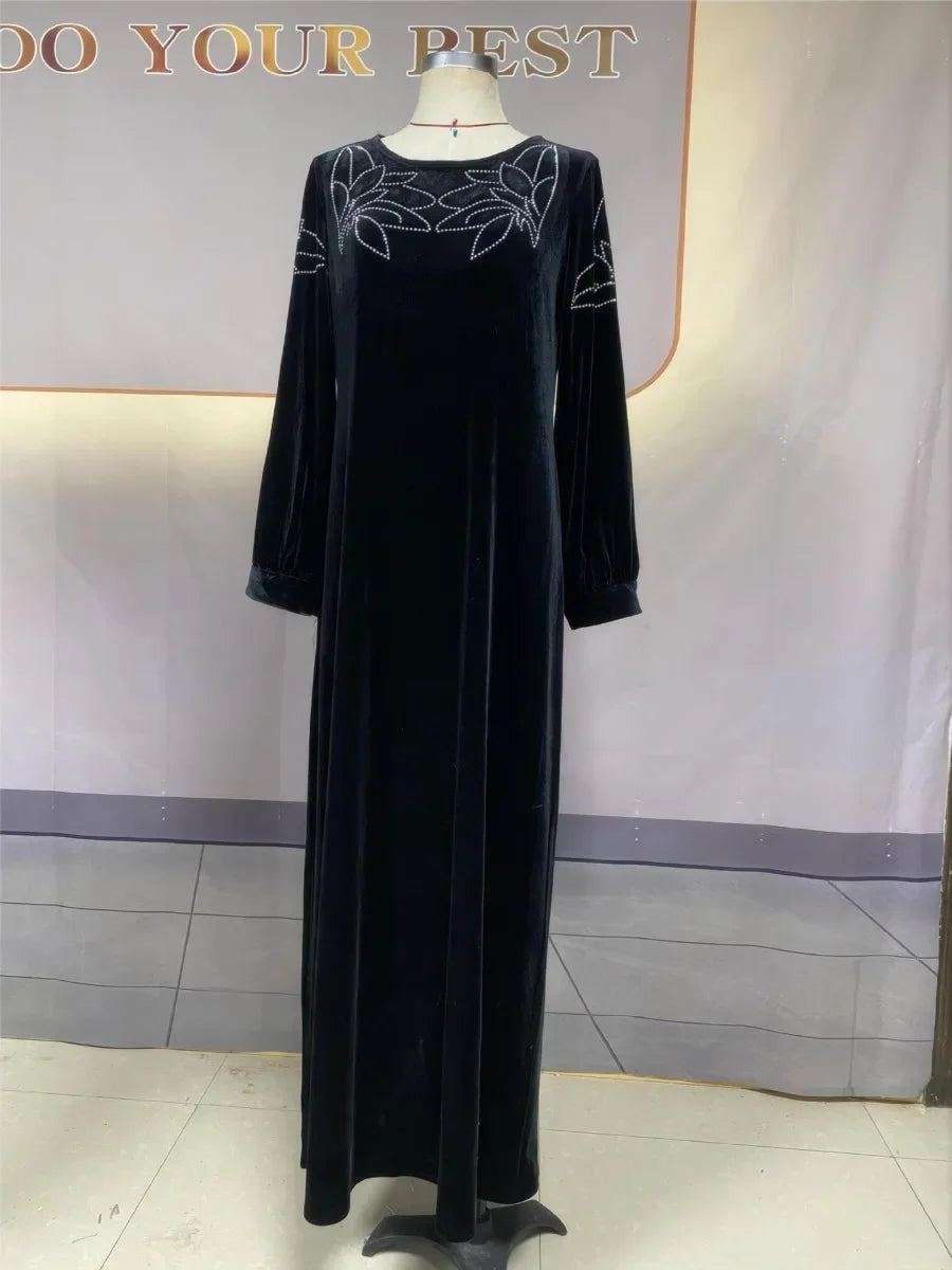 Women’s Eid Ramadan Velvet Abaya Dress 2026 – Diamond Embellished Dubai Jalabiya with Belt Muslim Party Gown