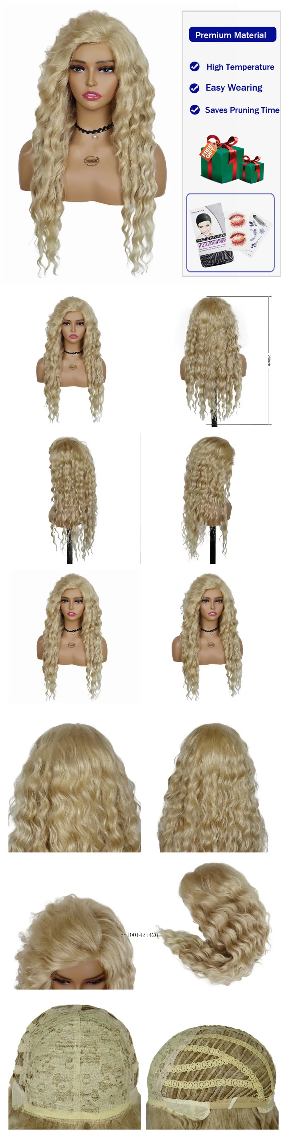 Ash Blonde Synthetic Wig – 26" Long Curly Ombre Hair, Fluffy Wave Wig for Women, Costume & Party Wig