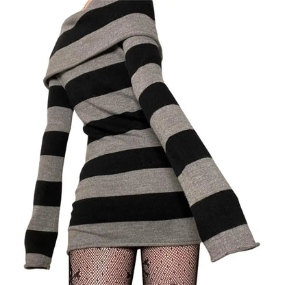 Women’s Striped Mini Bodycon Dress — Boat Neck Off-Shoulder Long Sleeve Hip-Wrapped Party Dress for Spring & Autumn