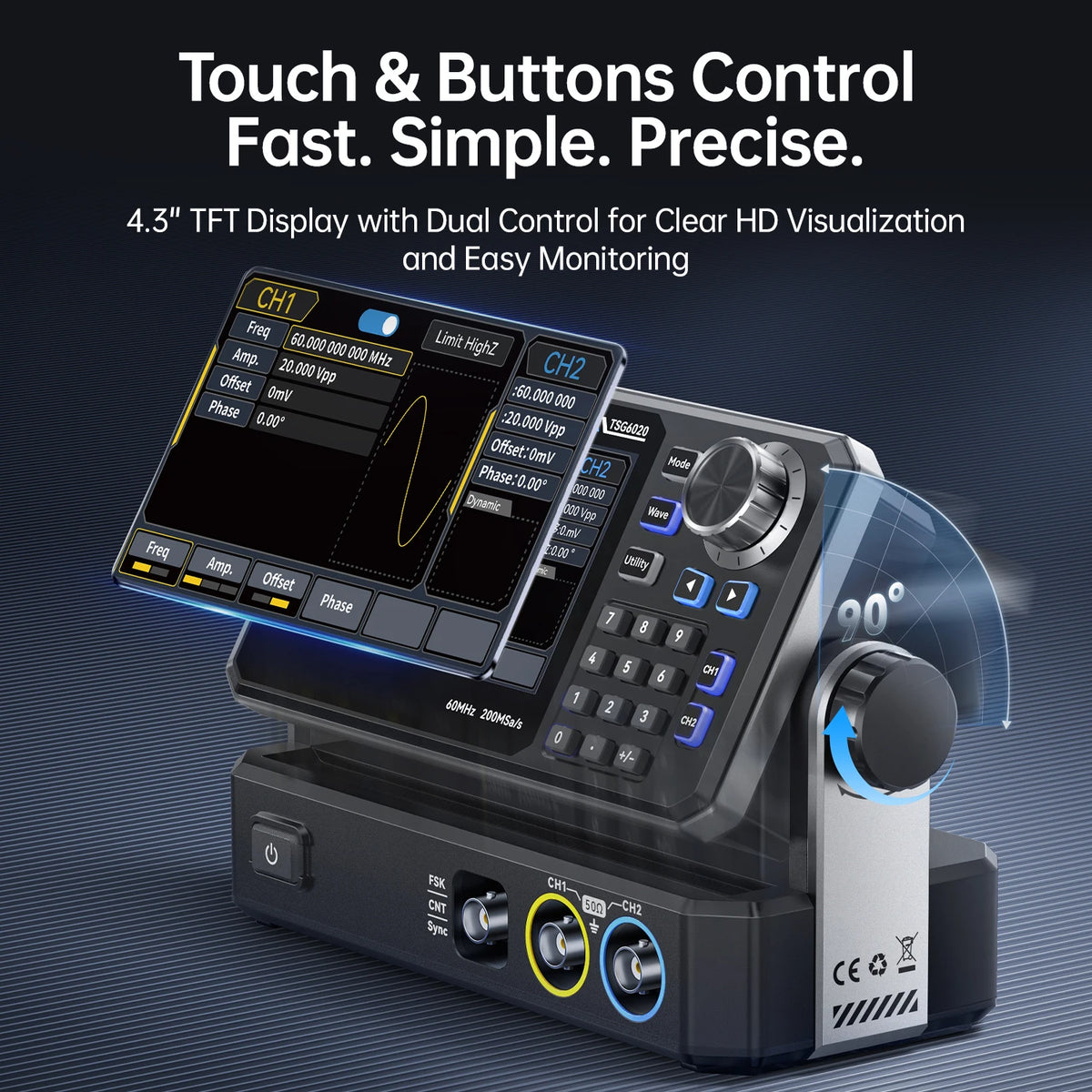 FNIRSI TSG6020/TSG3020 Signal Generator - Dual-Channel 60MHz/30MHz 200MSa/s Function Generator with 4.3" Touchscreen for Electronics Testing