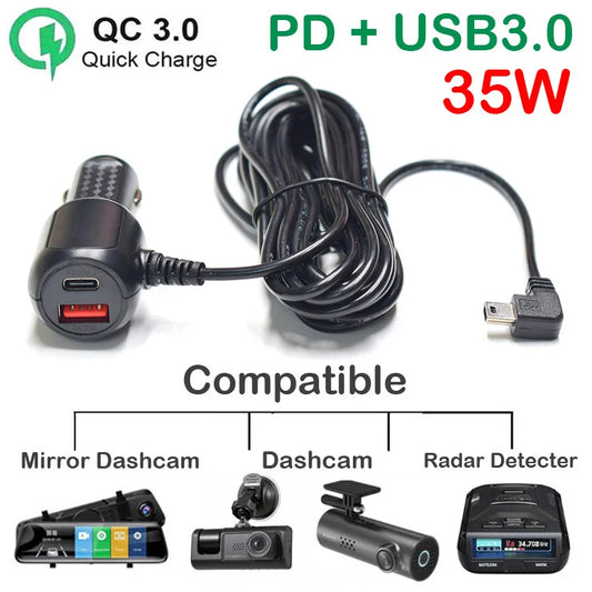 5V 3A QC3.0 Type-C USB Fast Car Charger with Micro Mini Type-C Ports 3.5M Cable for Dash Cam, GPS, Radar Detector & DVR Devices