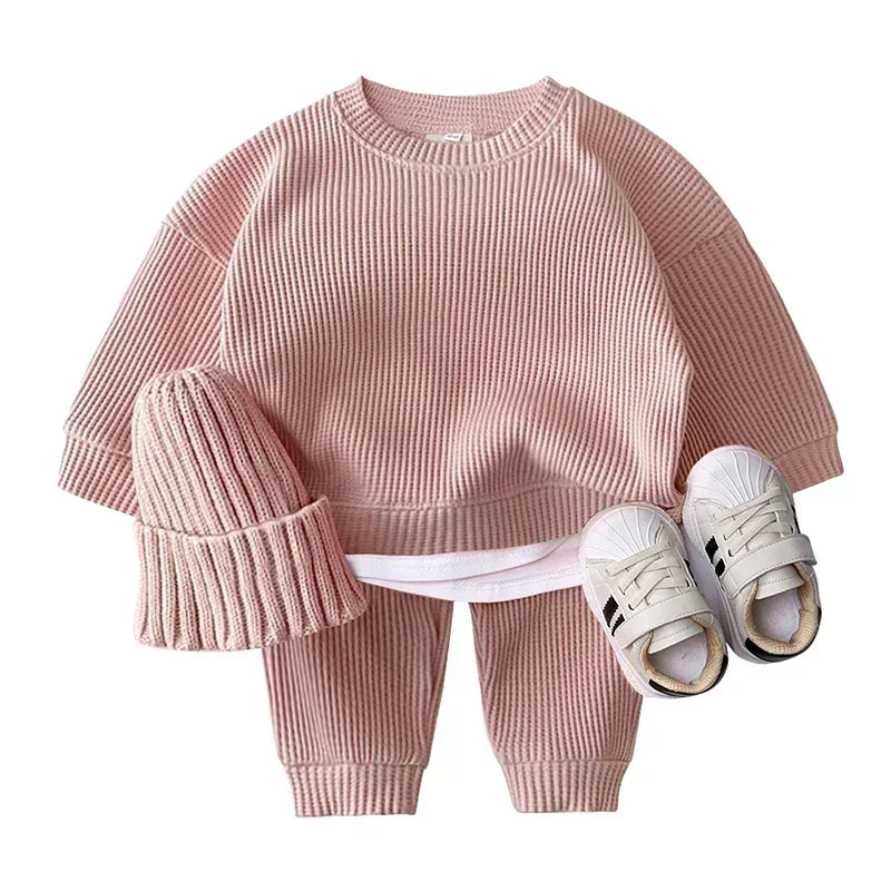 2PCS Kids Clothes Set for 1-7Y - Solid Cotton Pullover Sweatshirt & Pants, Long Sleeve Autumn Outfits for Boys & Girls