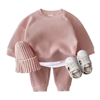 2PCS Kids Clothes Set for 1-7Y - Solid Cotton Pullover Sweatshirt & Pants, Long Sleeve Autumn Outfits for Boys & Girls