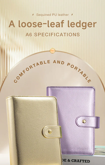 A6 Gold Ring Budget Planner Binder – Gold, Purple & Black with Zipper Cash Envelopes for Money Organization