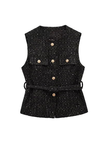 TRZA Women’s Tweed Waistcoat — Sleeveless O-Neck Top with Belt & Front Buttons, Chic Fashion Outerwear