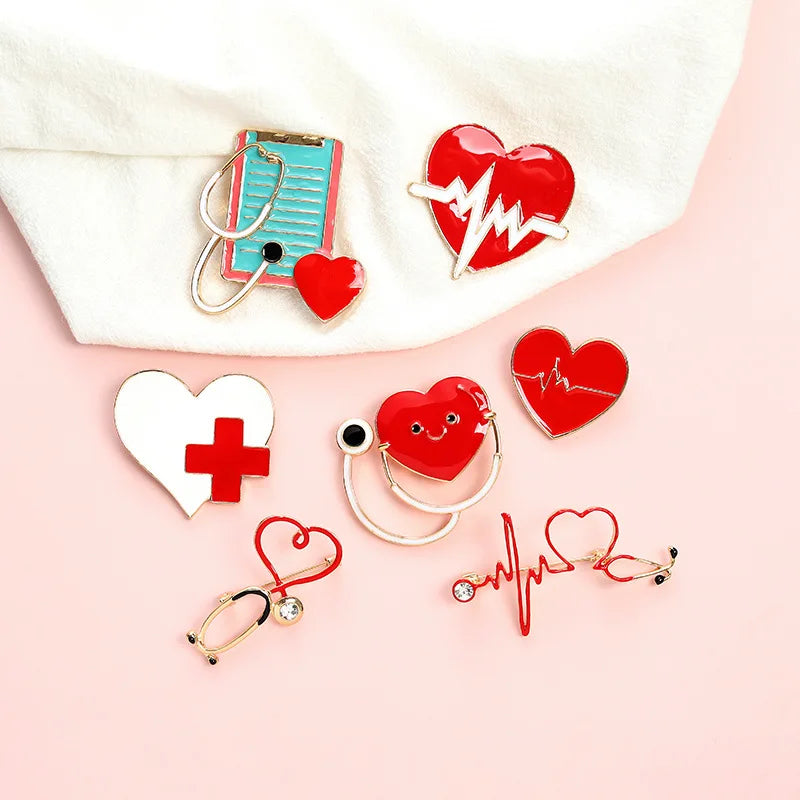 European & American Creative Badge Jewelry — Personalized Cartoon Hearing Device Pin, Love Red Cross Baked Paint Alloy Accessory