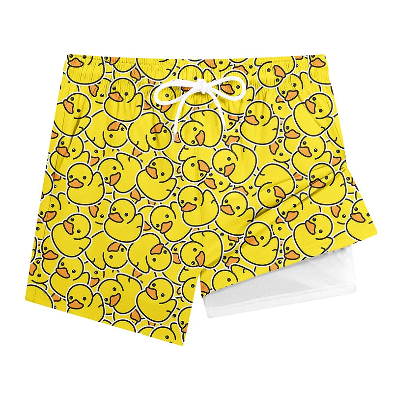 Men's Funny Duck Print Swim Shorts - Quick-Dry 2-in-1 Beach Board Shorts with Phone Pocket