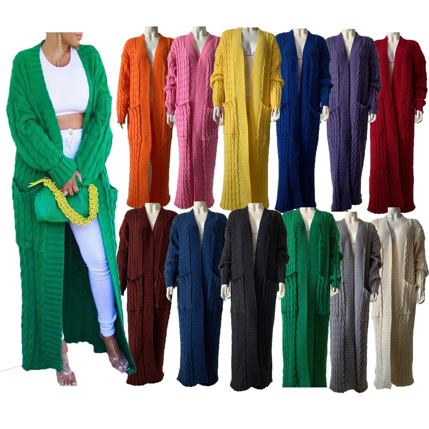 Women’s Long Knit Cardigan with Pockets – Vintage Full Sleeve Thick Autumn Winter Sweater Coat