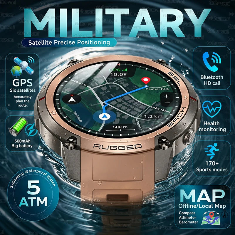 Military GPS Smartwatch for Men - 1.43" AMOLED Display, Bluetooth Calls, Compass, 5ATM Waterproof & 170+ Sports Modes